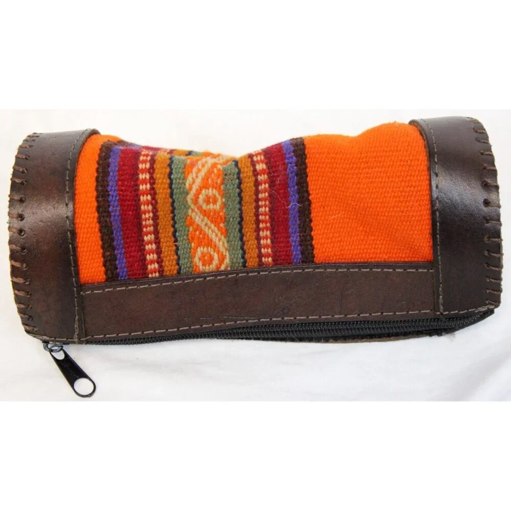 Peruvian Peru Pencil Stationary Case Cylinder Woven Native Blanket Leather Pouch